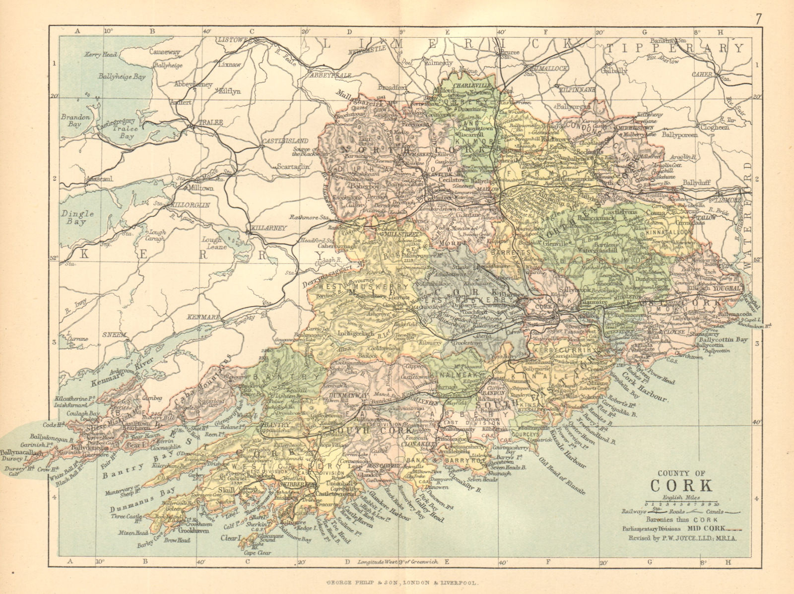 COUNTY CORK. Antique county map. Munster. Ireland. BARTHOLOMEW c1902 old