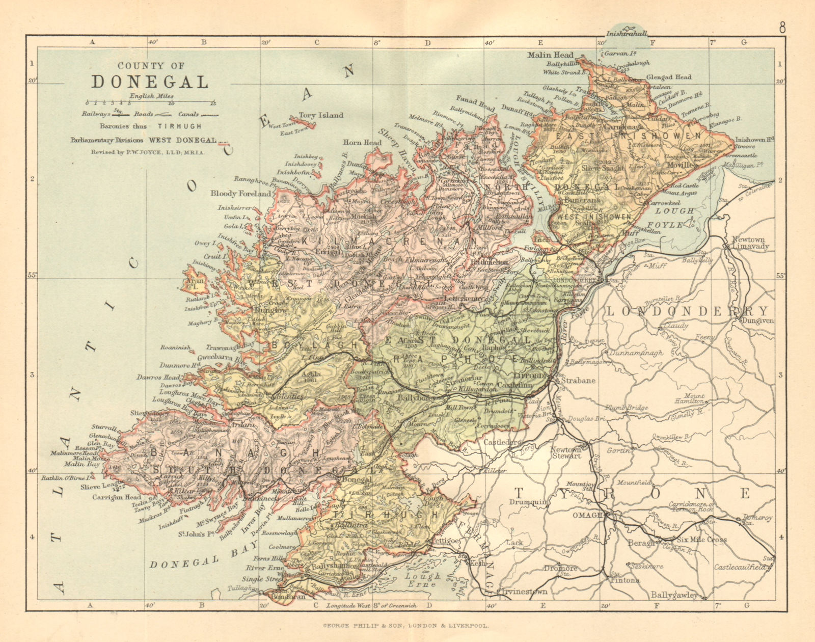 COUNTY DONEGAL. Antique county map. Ulster. Ireland. BARTHOLOMEW c1902 old