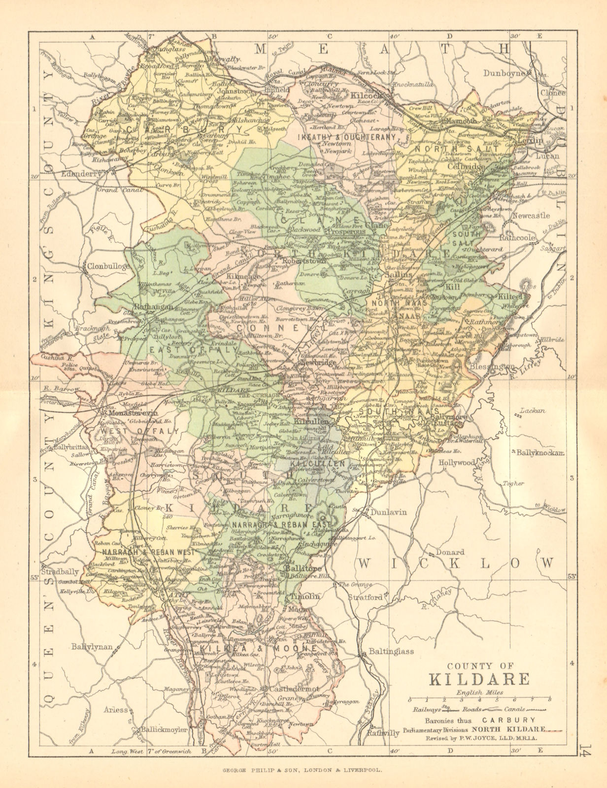 COUNTY KILDARE. Antique county map. Leinster. Ireland. BARTHOLOMEW c1902