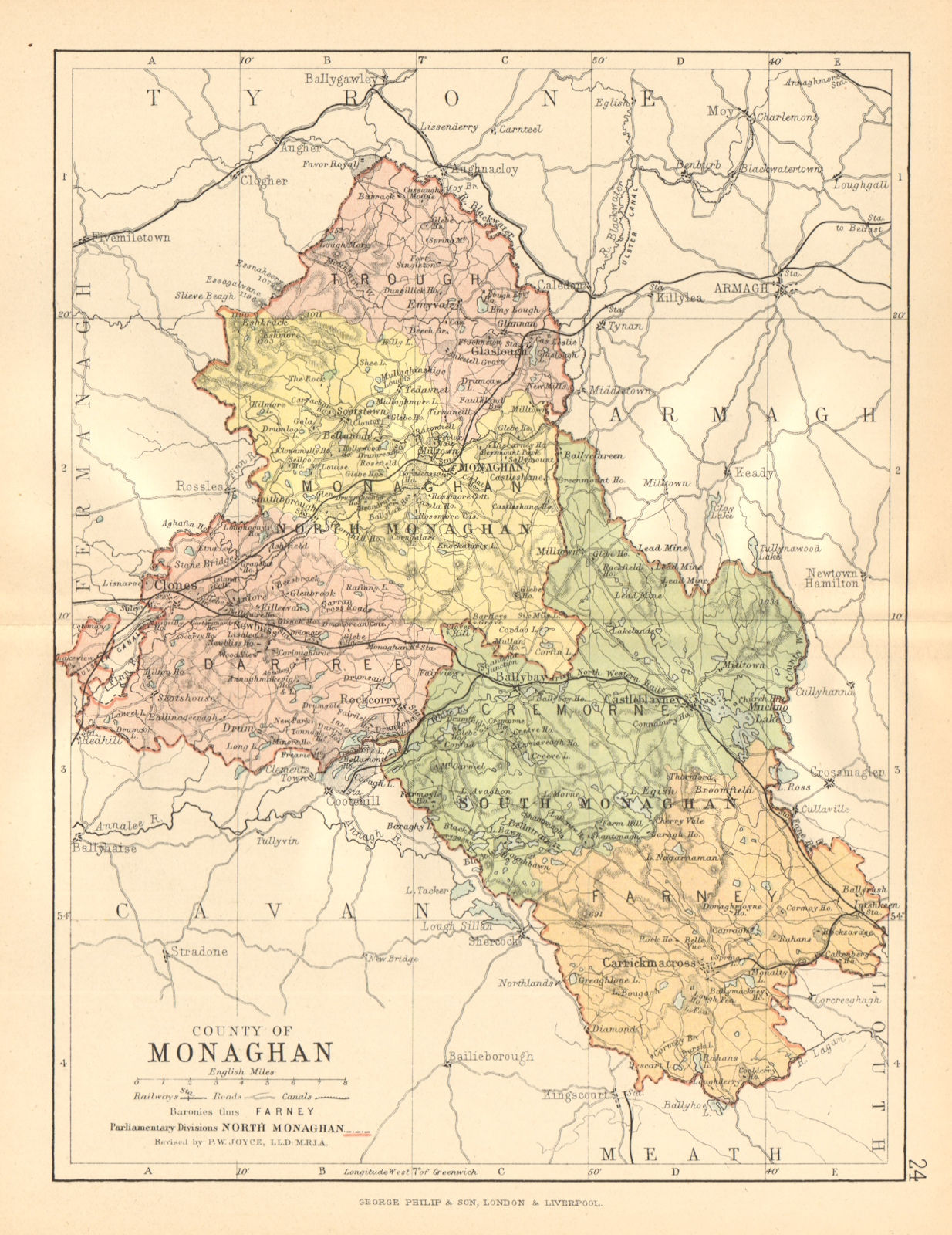 COUNTY MONAGHAN. Antique county map. Ulster. Ireland. BARTHOLOMEW c1902