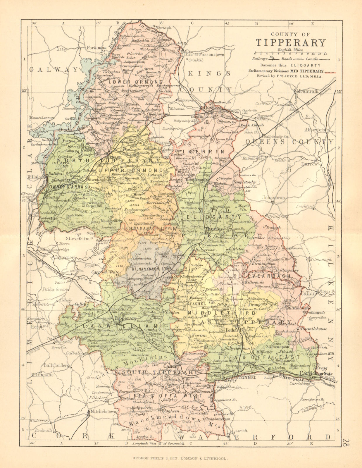 COUNTY TIPPERARY. Antique county map. Munster. Ireland. BARTHOLOMEW c1902