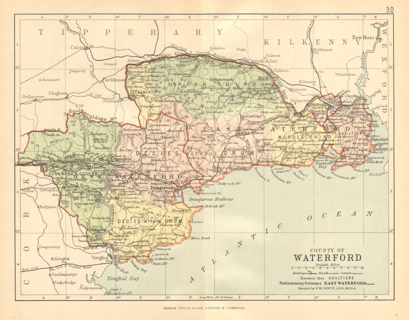 Associate Product COUNTY WATERFORD. Antique county map. Munster. Ireland. BARTHOLOMEW c1902