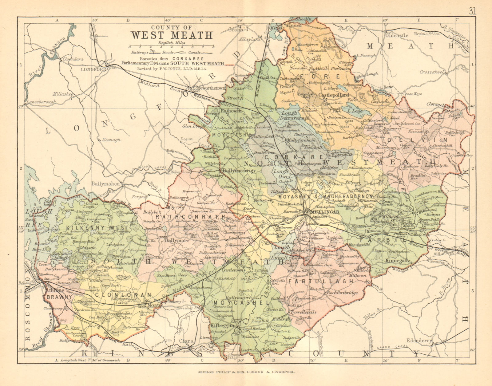 COUNTY WESTMEATH. Antique county map. Leinster. Ireland. BARTHOLOMEW c1902
