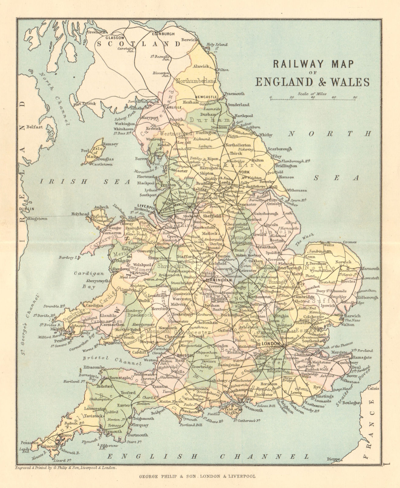 GREAT BRITAIN RAILWAYS. Railway map of England & Wales. PHILIP 1884 old