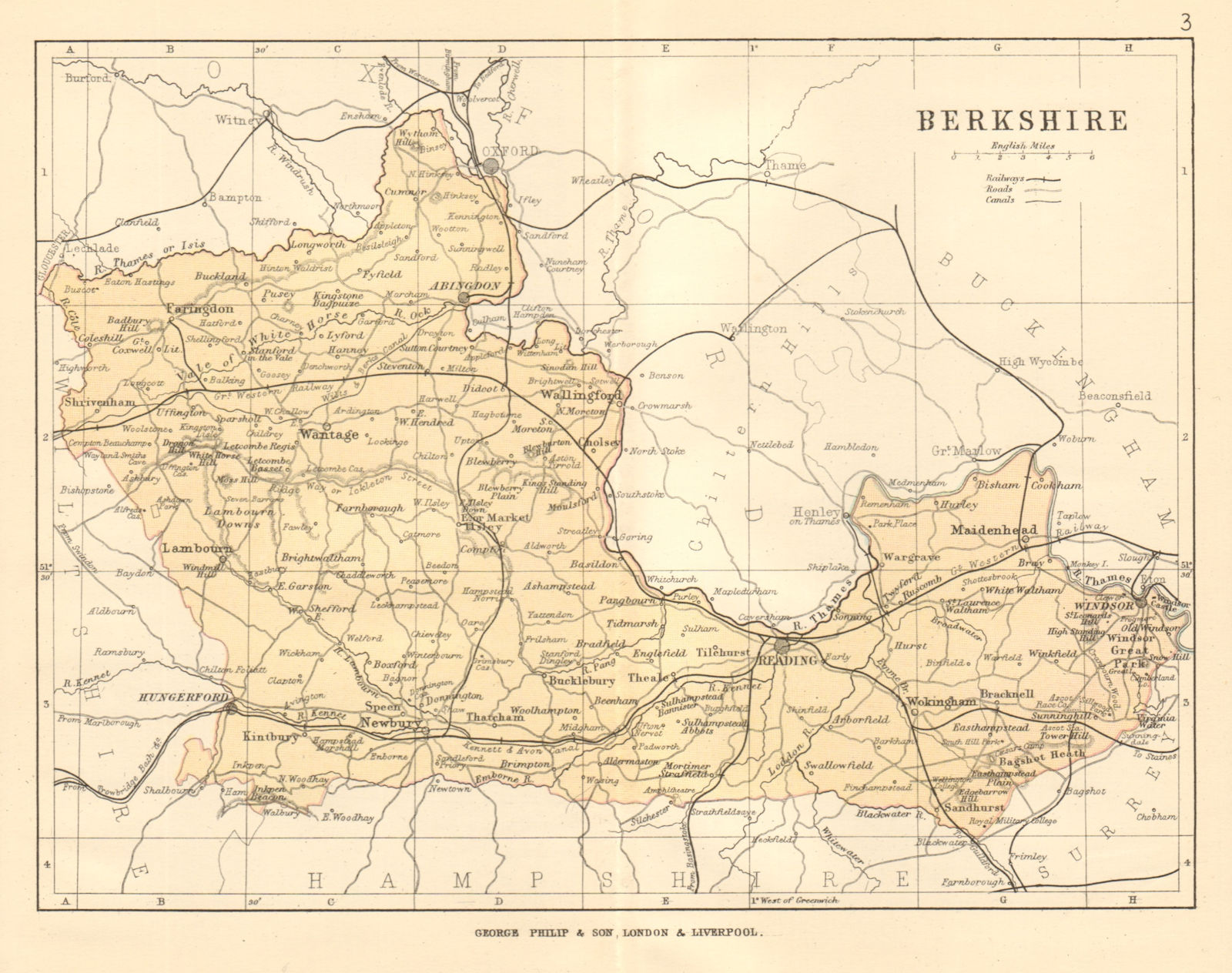 BERKSHIRE. Antique county map. Railways roads canals. PHILIP 1884 old