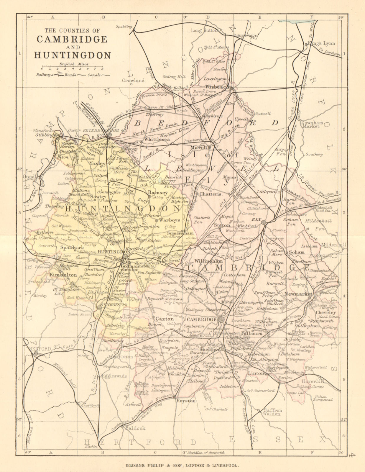 CAMBRIDGESHIRE & HUNTINGDONSHIRE. Antique county map. Railways. PHILIP 1884