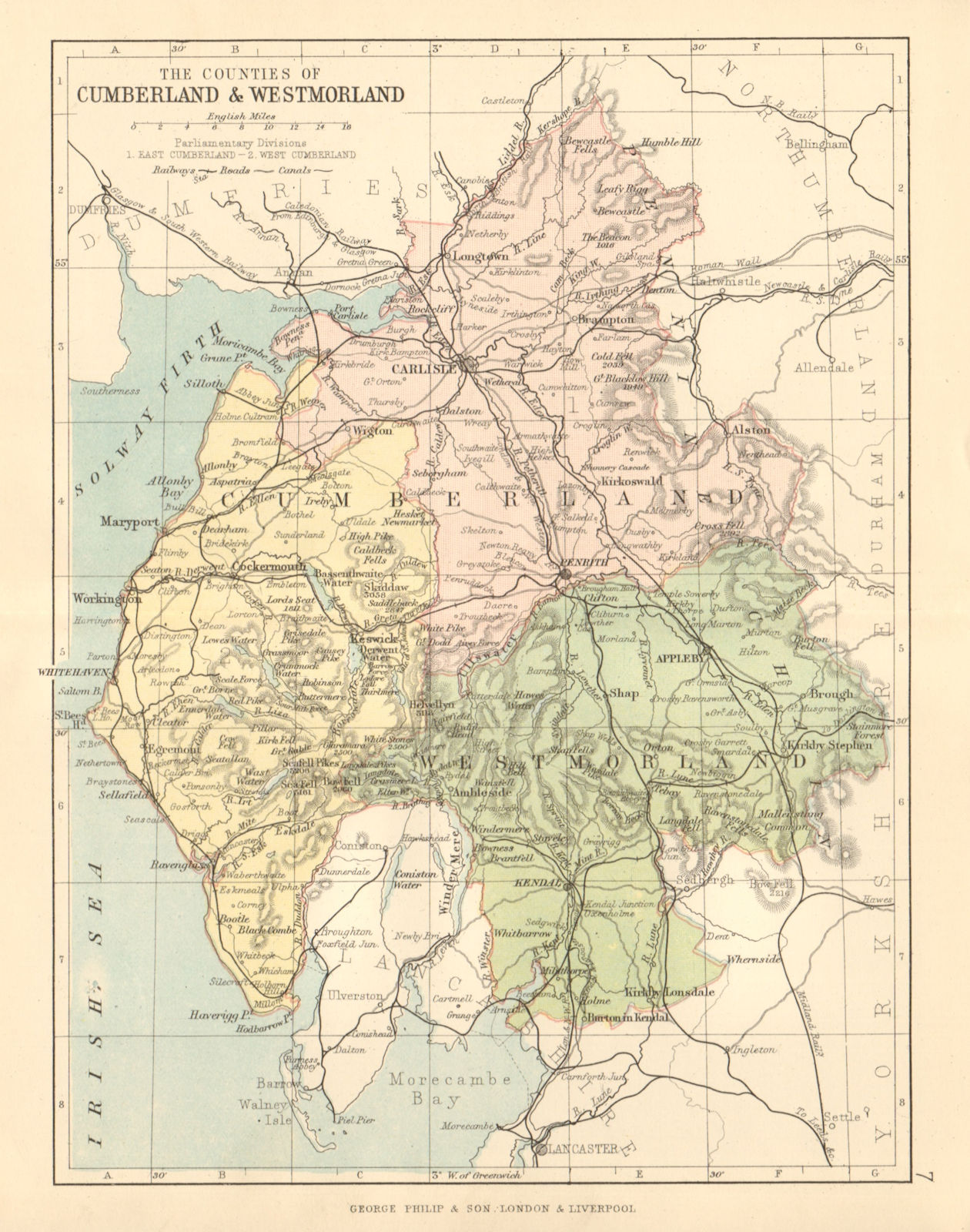 CUMBERLAND & WESTMORELAND. County map. Railways Constituencies. PHILIP 1884