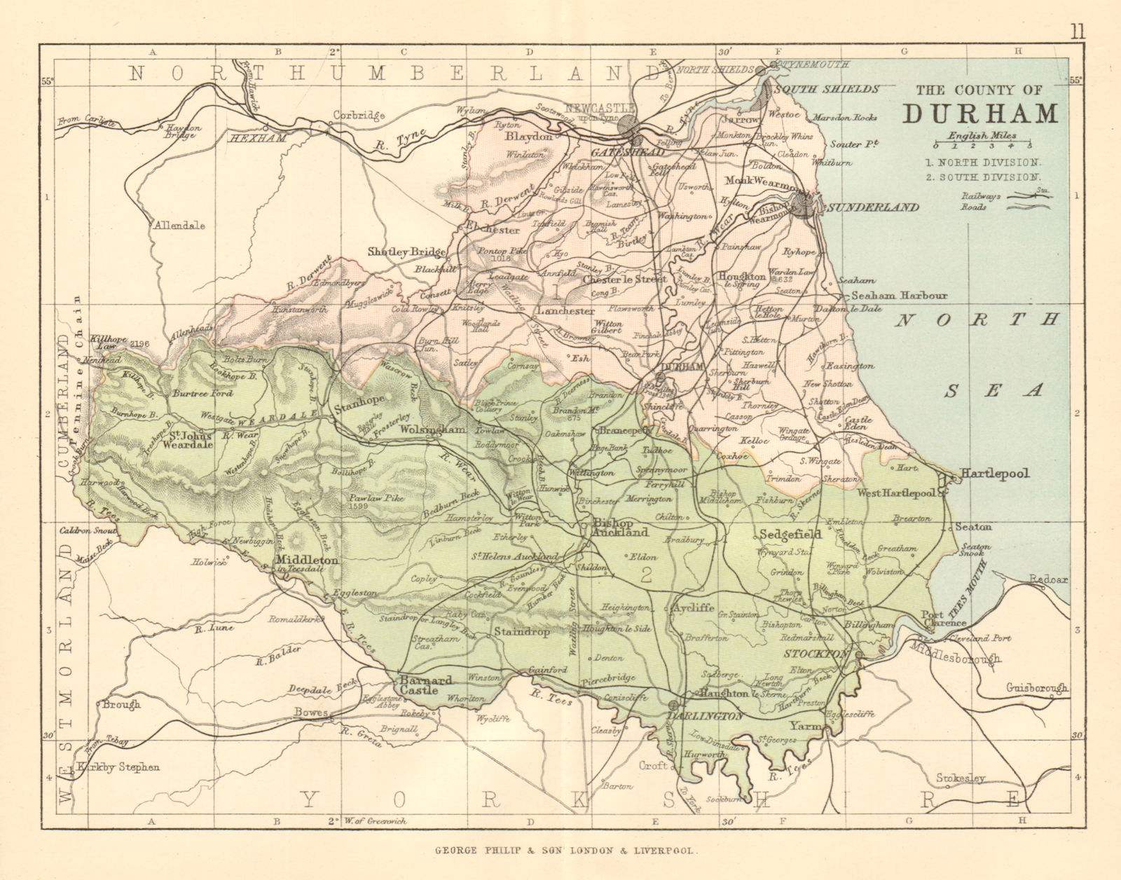 COUNTY DURHAM. Antique map. Railways roads. Constituencies. PHILIP 1884