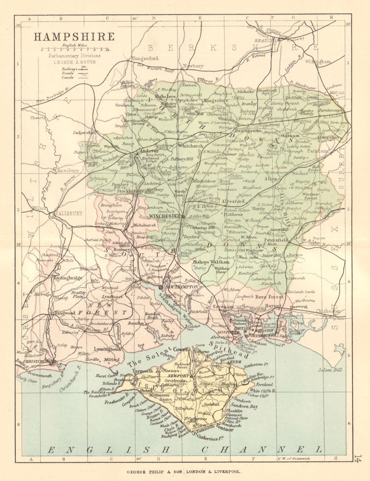 HAMPSHIRE. Antique county map. Railways roads canals constituencies. PHILIP 1884