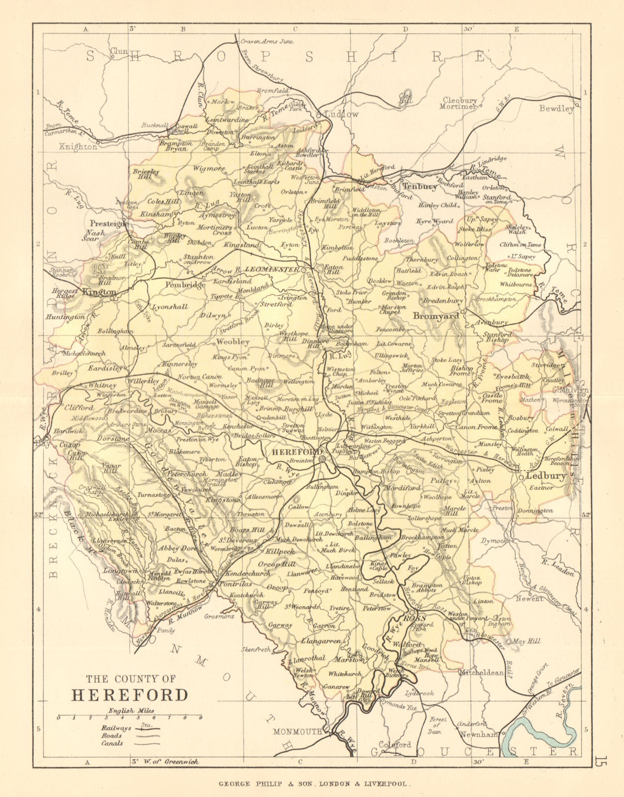 HEREFORDSHIRE. Antique county map. Railways roads canals. PHILIP 1884 old