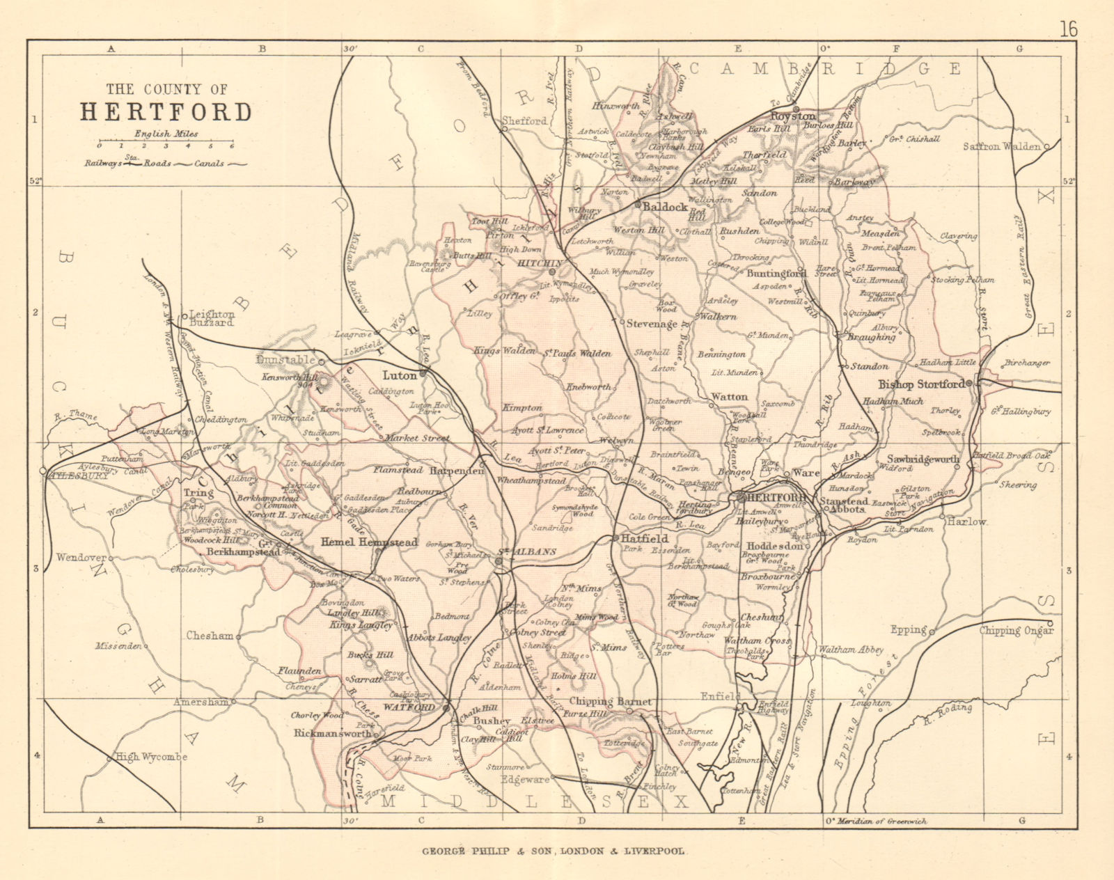 HERTFORDSHIRE. Antique county map. Railways roads canals. PHILIP 1884 old