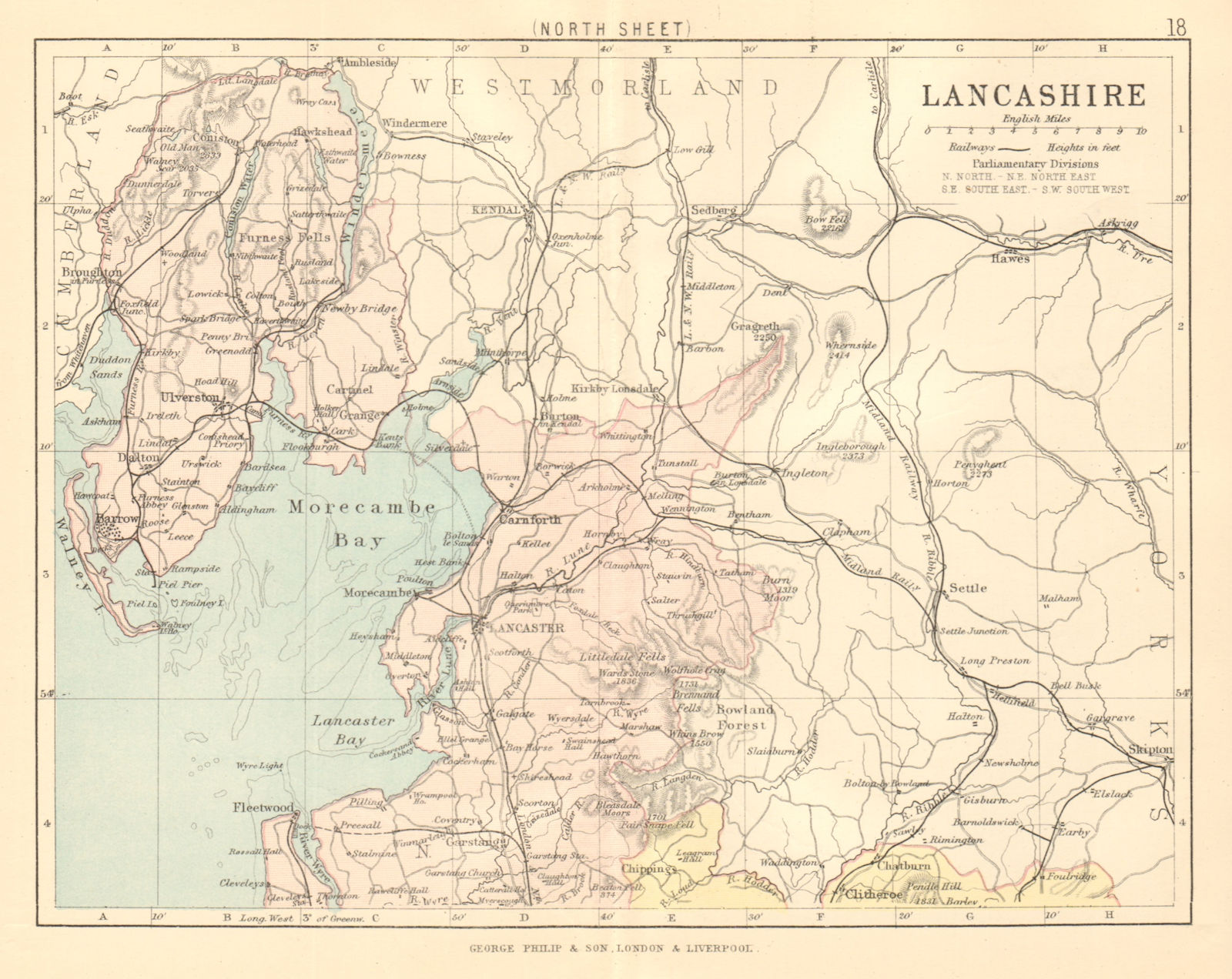 Associate Product LANCASHIRE NORTH. Antique county map. Railways. PHILIP 1884 old