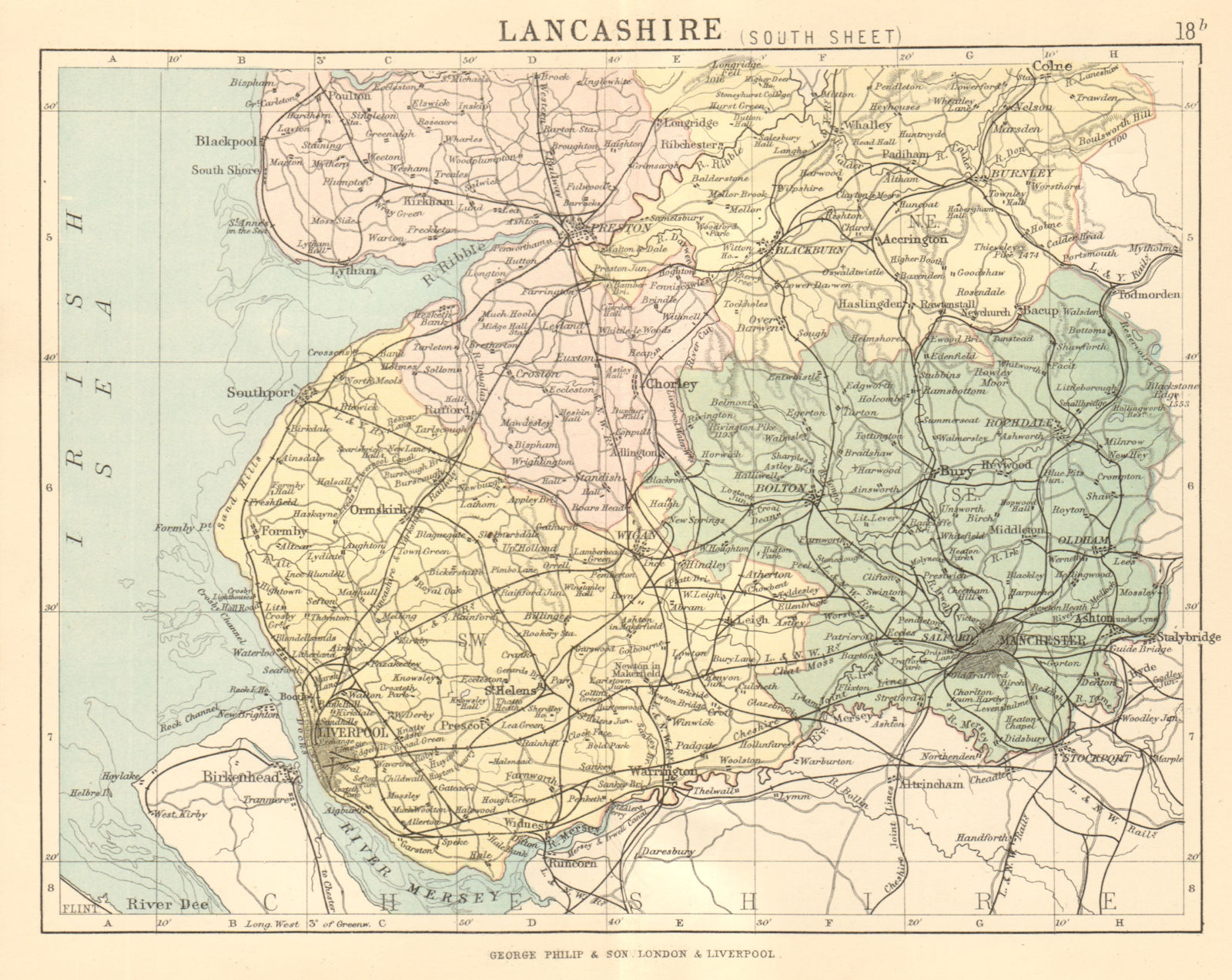 LANCASHIRE SOUTH. Antique county map. Railways roads constituencies. PHILIP 1884