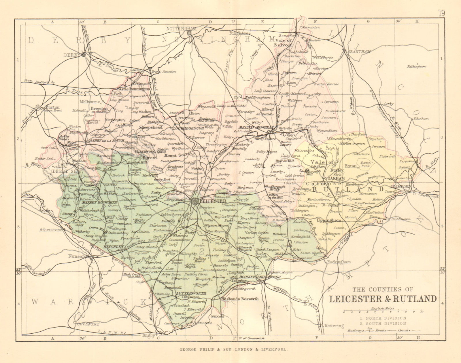Associate Product LEICESTERSHIRE & RUTLAND. Antique county map. Constituencies. PHILIP 1884
