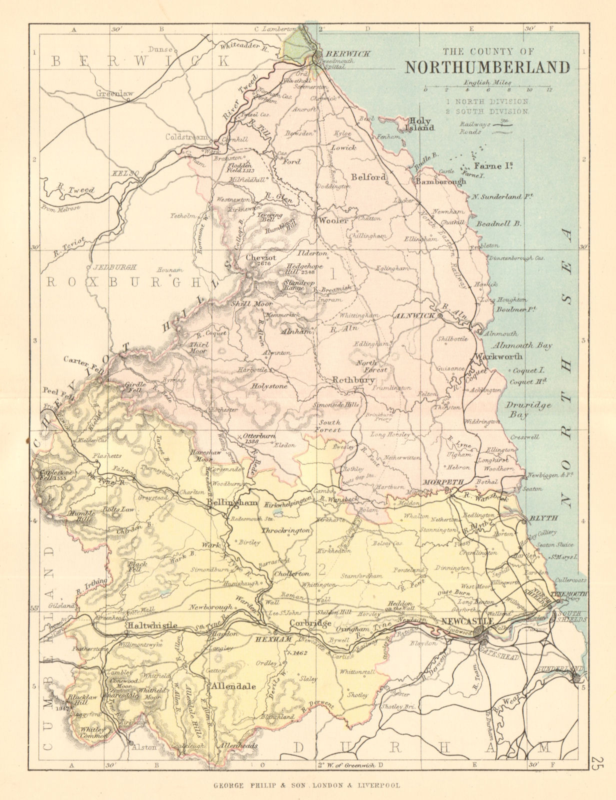 NORTHUMBERLAND. Antique county map. Railways roads. Constituencies. PHILIP 1884