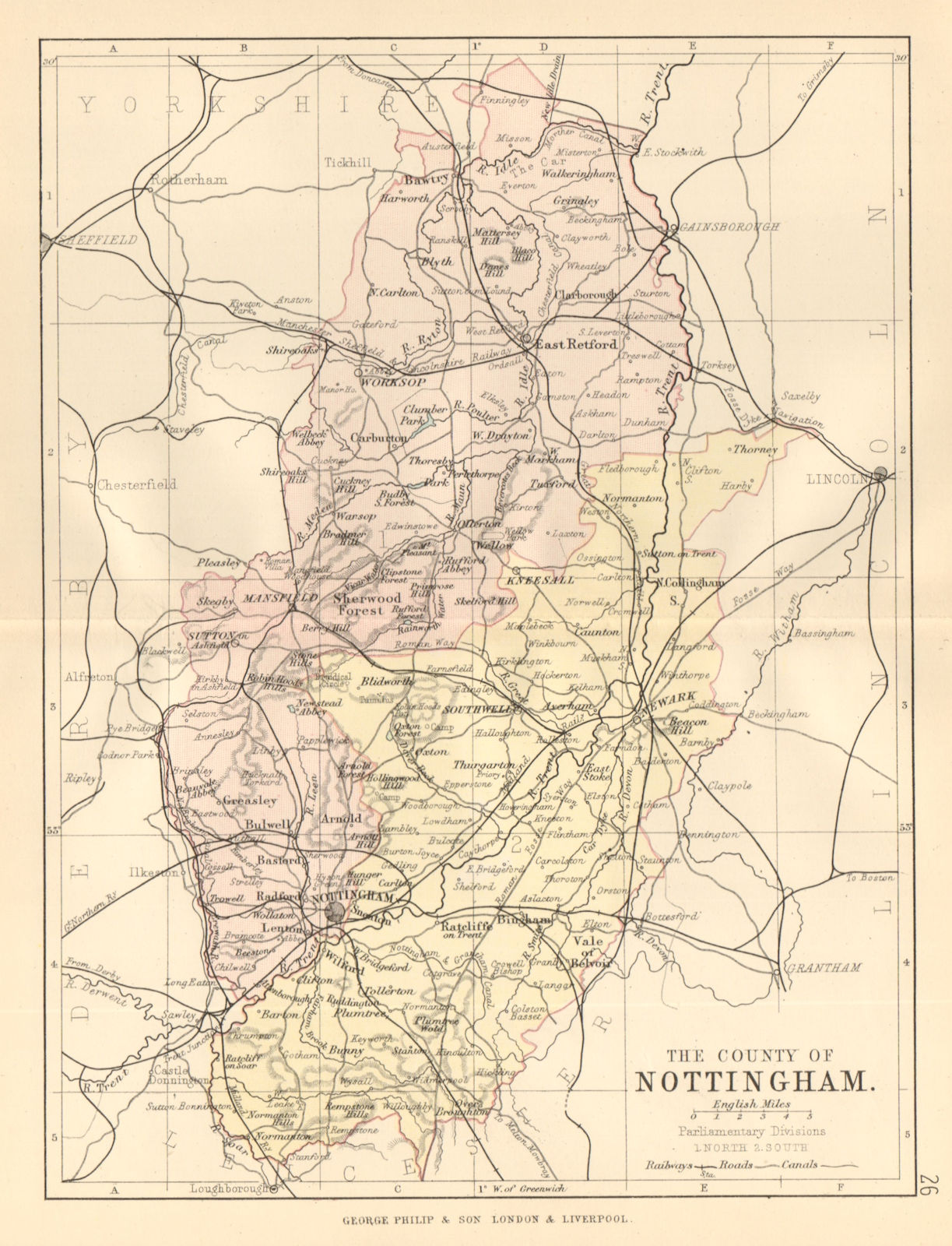 NOTTINGHAMSHIRE. County map. Railways canals. Constituencies. PHILIP 1884