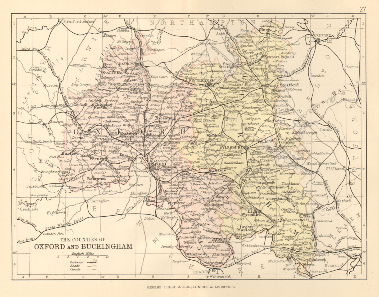 OXFORDSHIRE & BUCKINGHAMSHIRE. County map. Railways constituencies. PHILIP 1884