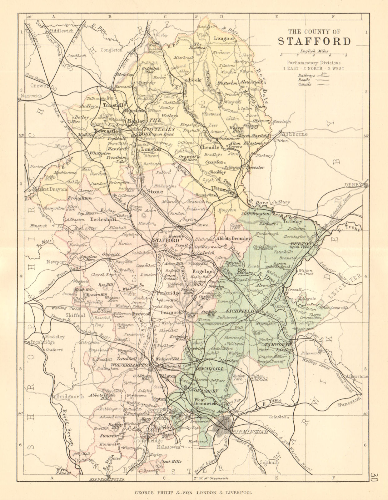 Associate Product STAFFORDSHIRE. Antique county map. Railways canals. Constituencies. PHILIP 1884