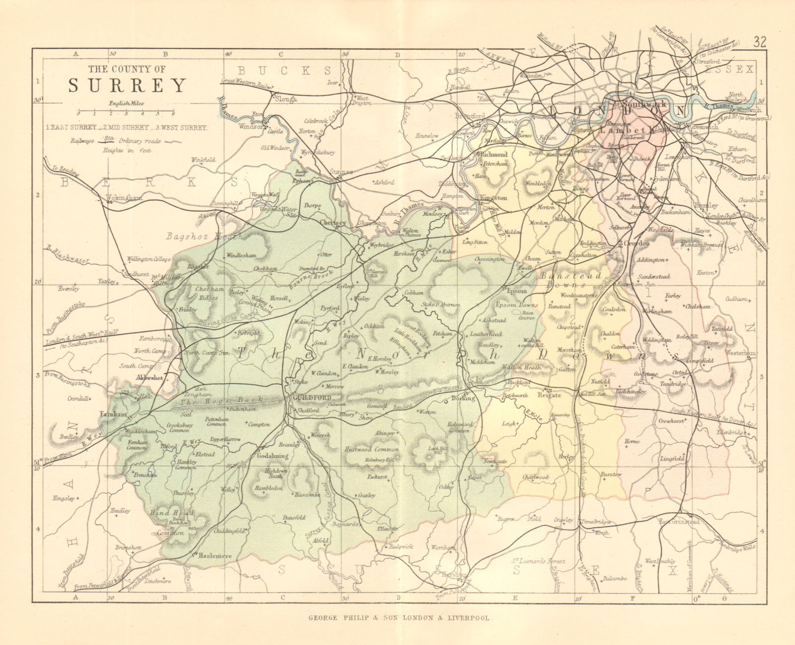 SURREY. Antique county map. Railways roads. Constituencies. London. PHILIP 1884