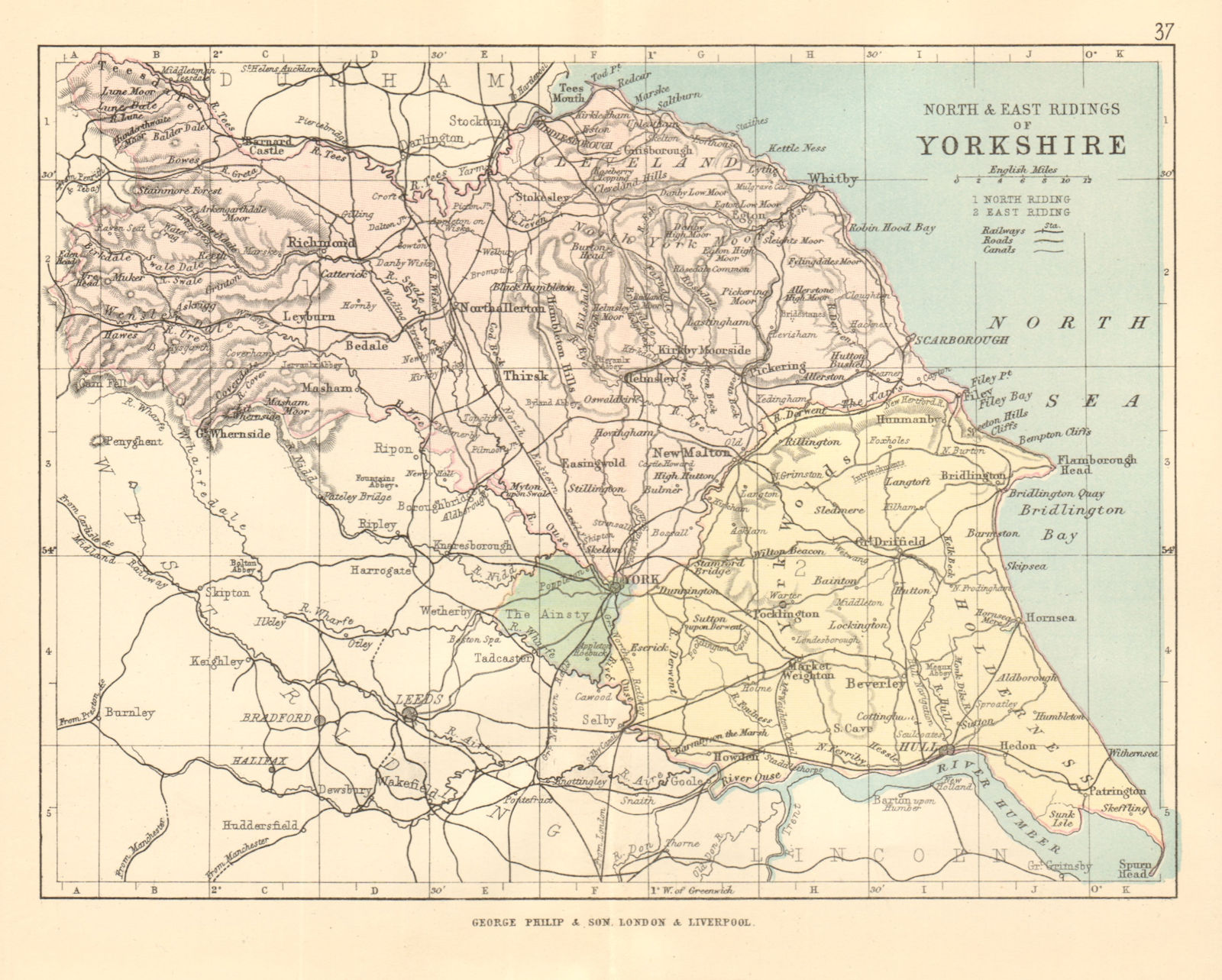 YORKSHIRE NORTH & EAST RIDINGS. County map. Railways constituencies. PHILIP 1884