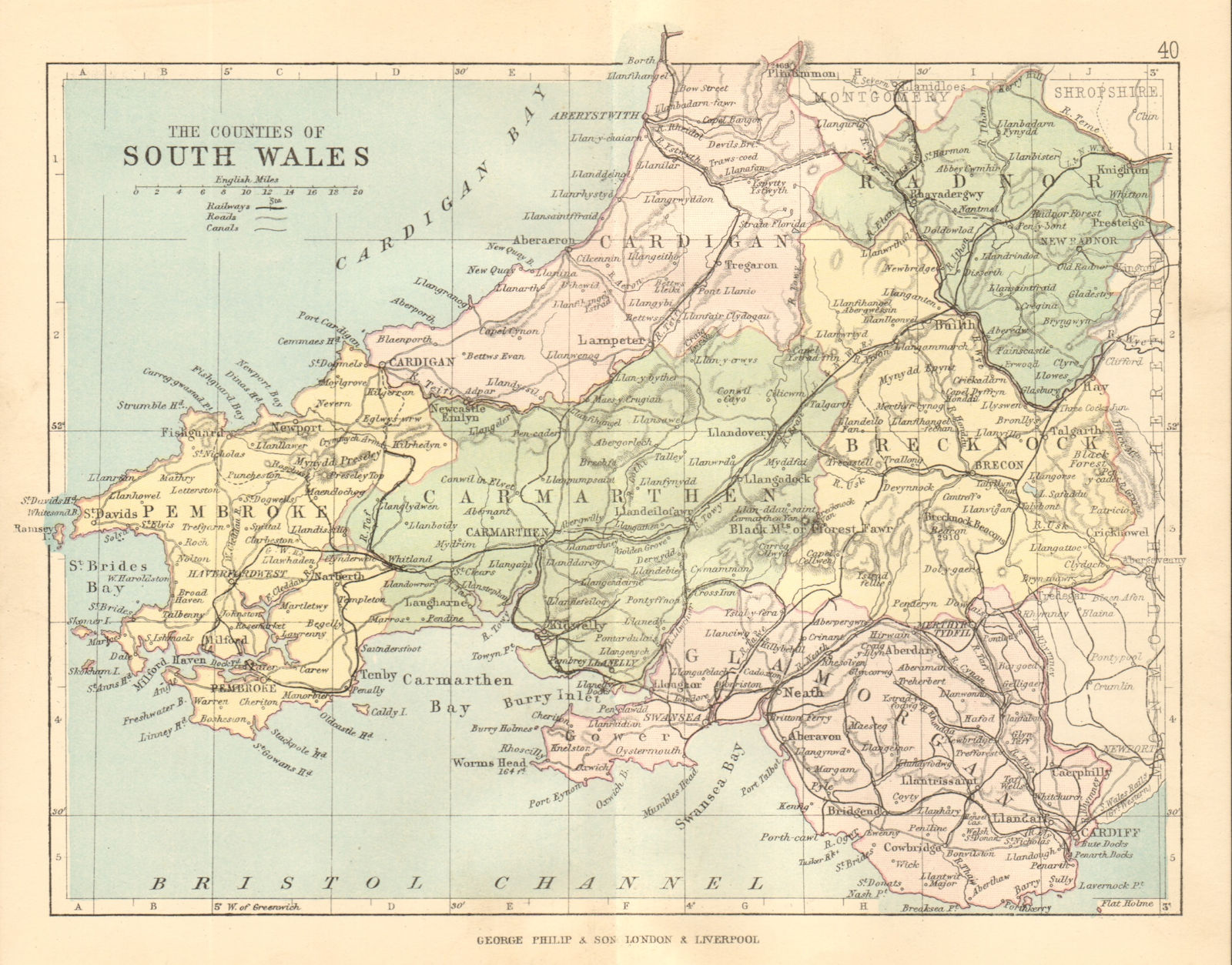 SOUTH WALES. Antique map. Counties Railways roads canals. PHILIP 1884 old