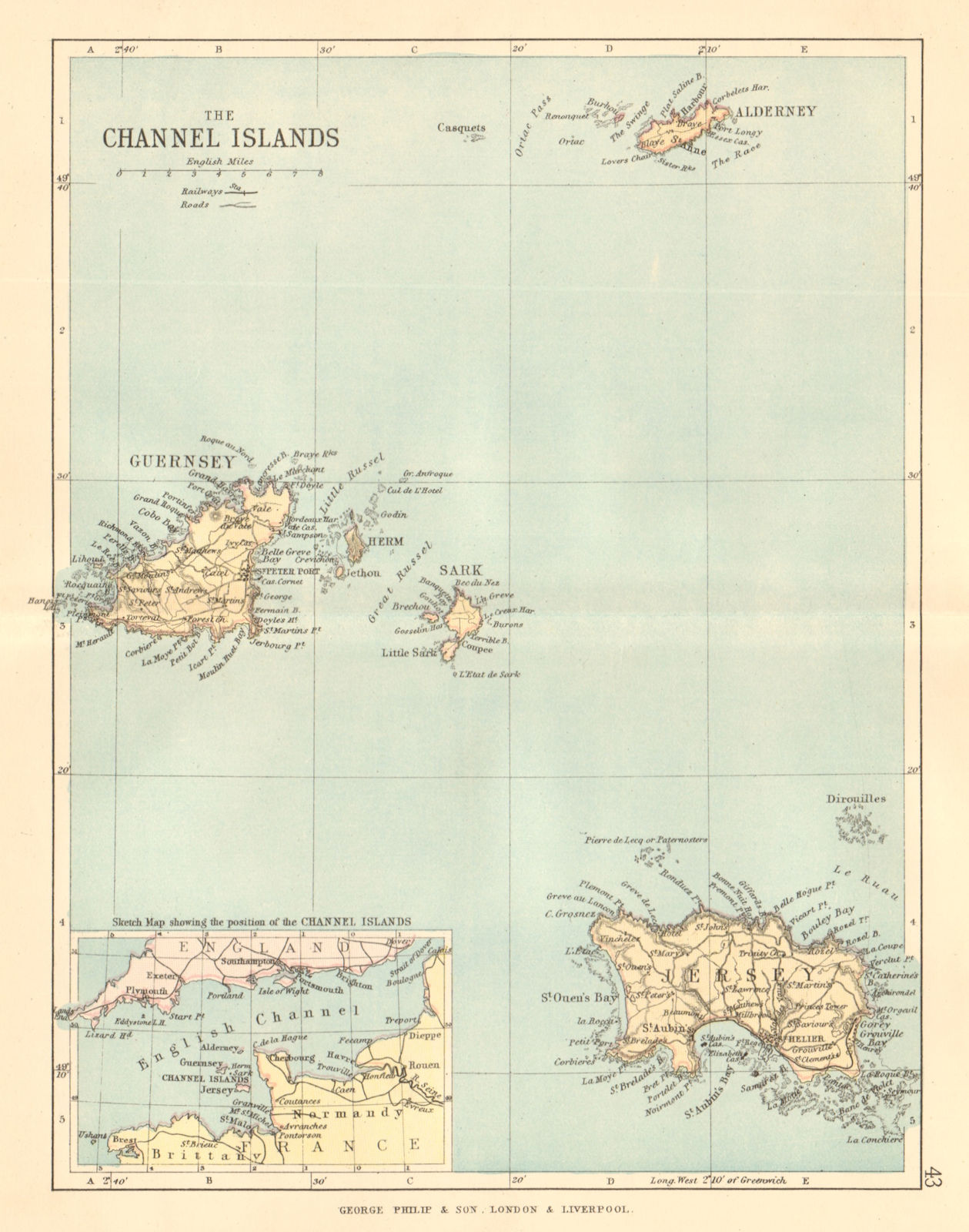 CHANNEL ISLANDS. Antique map. Jersey Guernsey Sark Alderney. PHILIP 1884