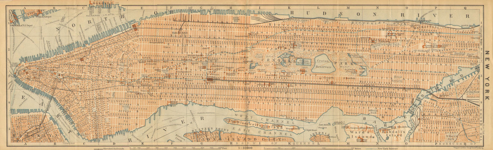 MANHATTAN antique town city plan panorama. New York City. BAEDEKER 1904 map