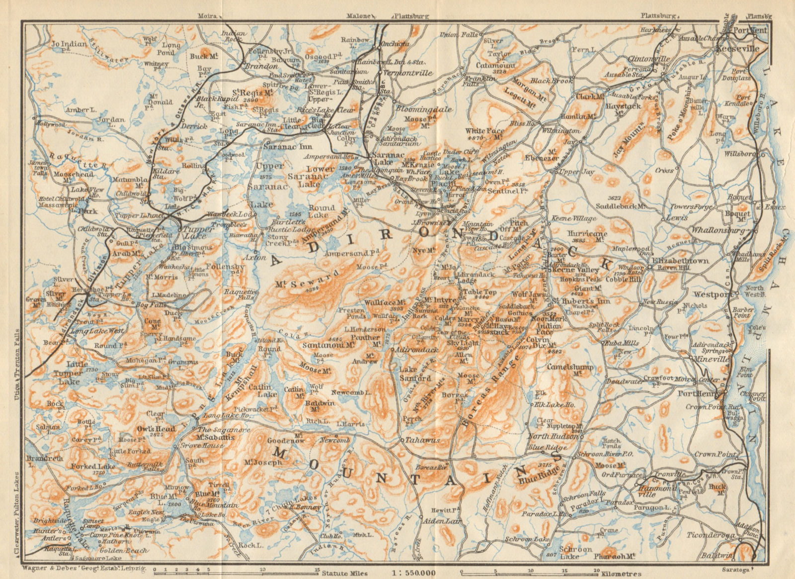 THE ADIRONDACK MOUNTAINS . New York State. BAEDEKER 1904 old antique map chart