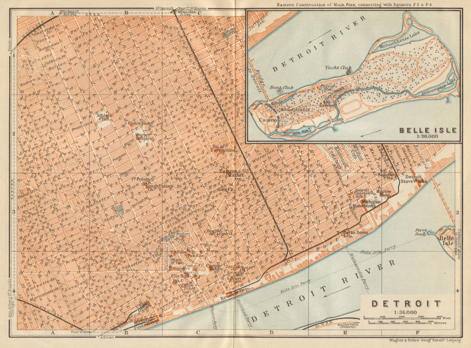 DETROIT antique town city plan. Inset Belle Isle. Michigan. BAEDEKER 1904 map