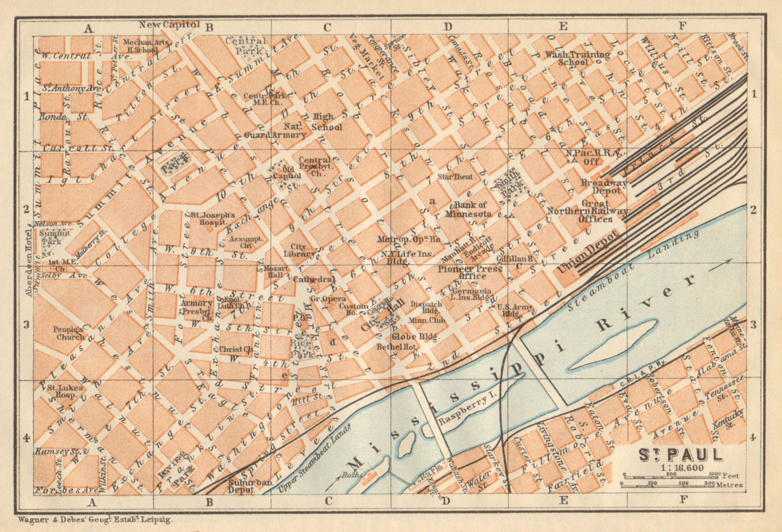 ST. PAUL antique town city plan. Minnesota. BAEDEKER 1904 old map
