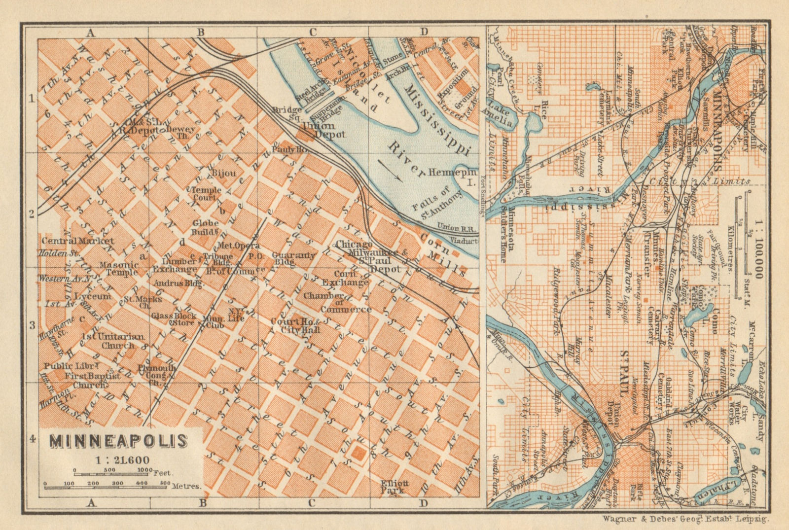 Associate Product MINNEAPOLIS ST. PAUL antique town city plan. Minnesota. BAEDEKER 1904 old map