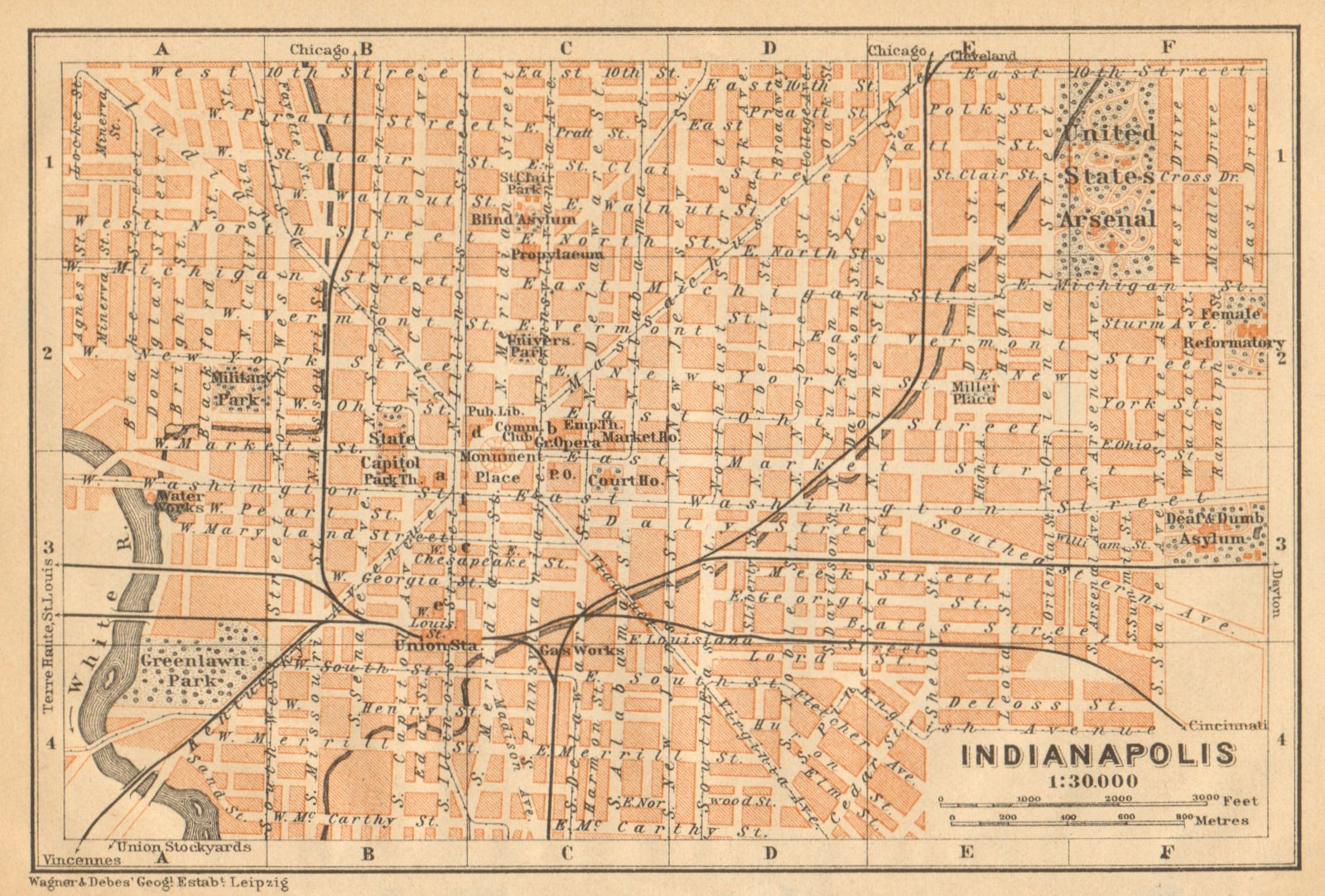 INDIANAPOLIS antique town city plan. Indiana. BAEDEKER 1904 old map