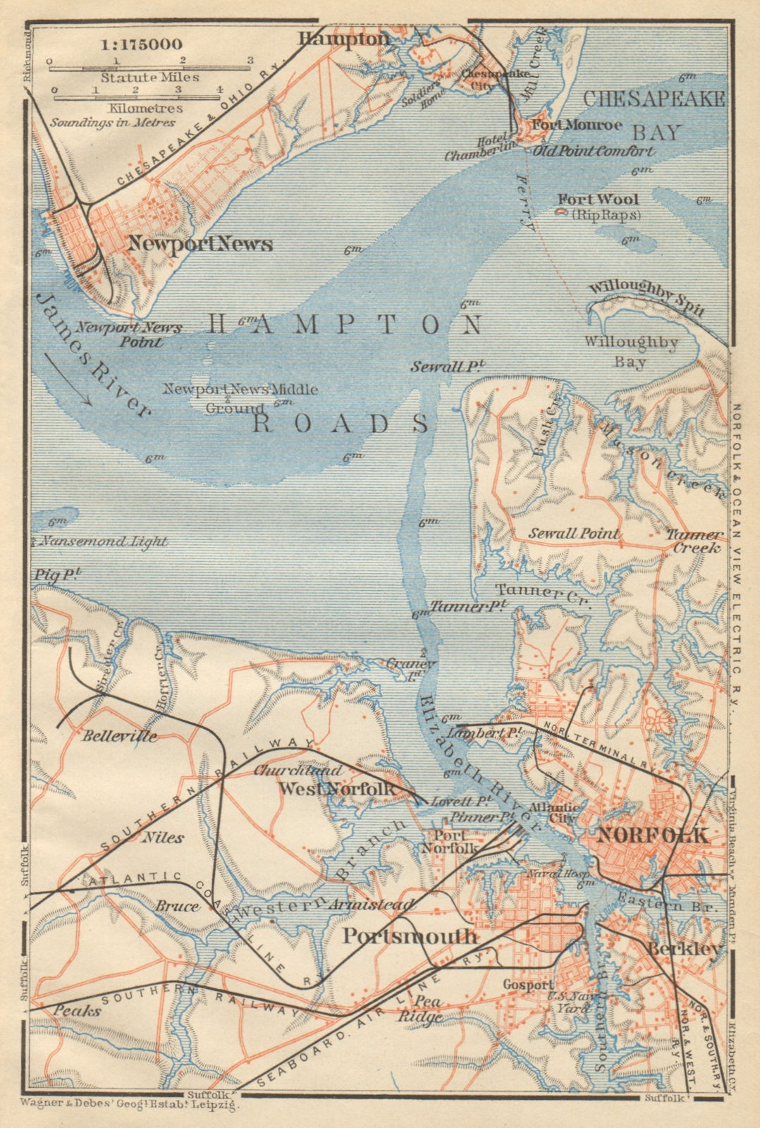 Associate Product HAMPTON ROADS, Vginia. Norfolk Portsmouth Newport News. BAEDEKER 1904 old map