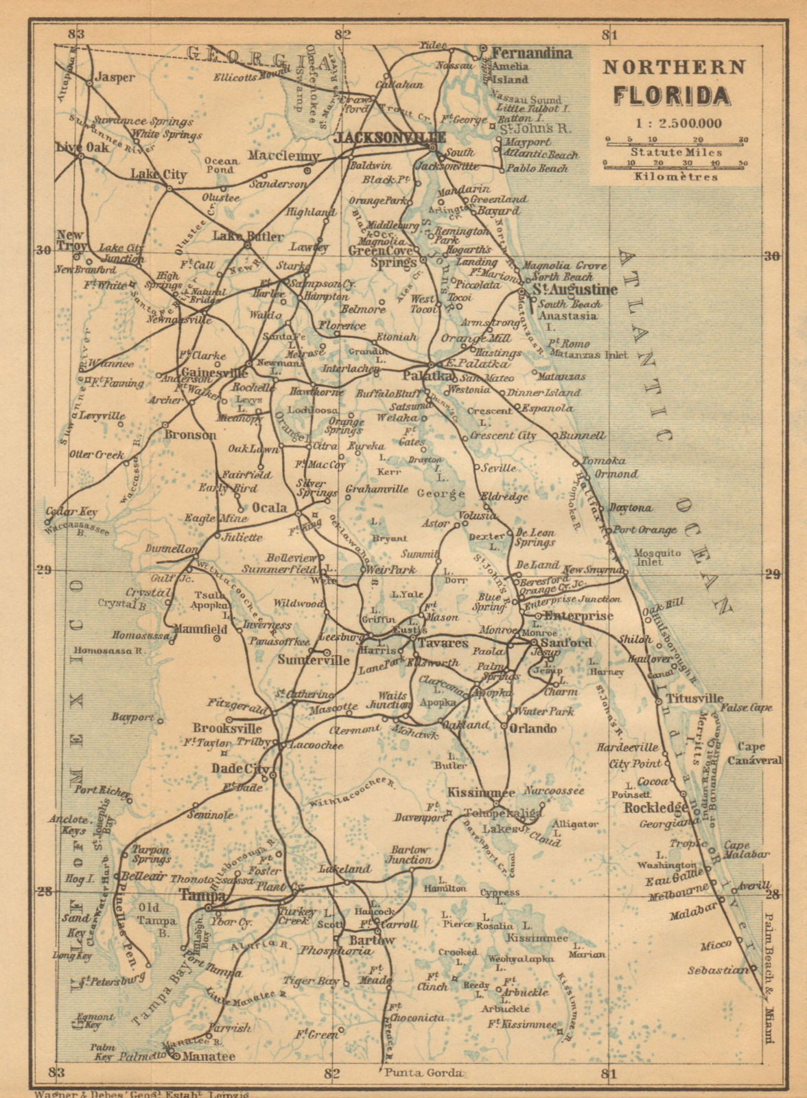 NORTHERN FLORIDA. Jacksonville St Augustine Tampa. BAEDEKER 1904 old map