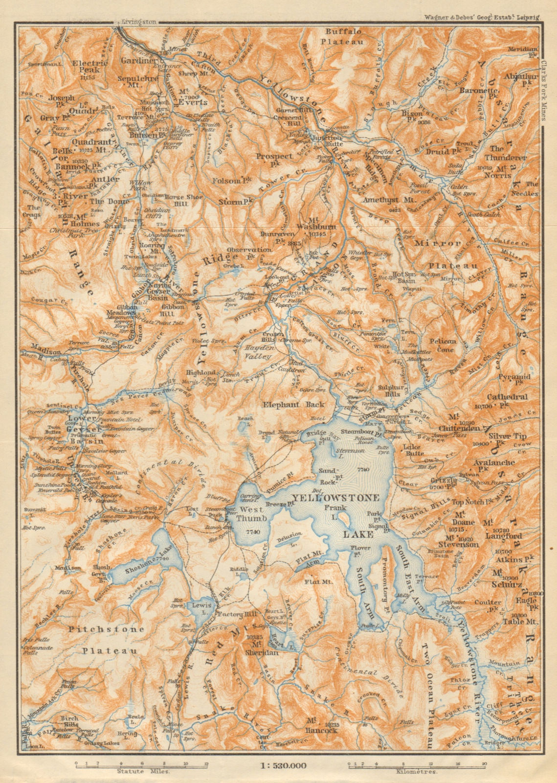 YELLOWSTONE NATIONAL PARK. Topo-map. Wyoming. BAEDEKER 1904 old antique