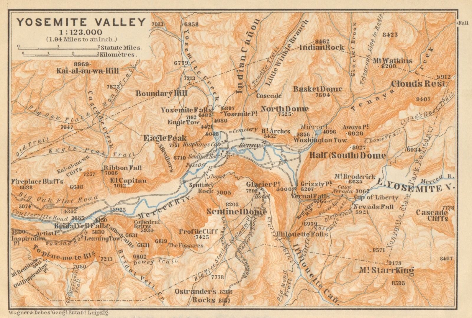 Associate Product YOSEMITE VALLEY, California. Topo-map. BAEDEKER 1904 old antique chart