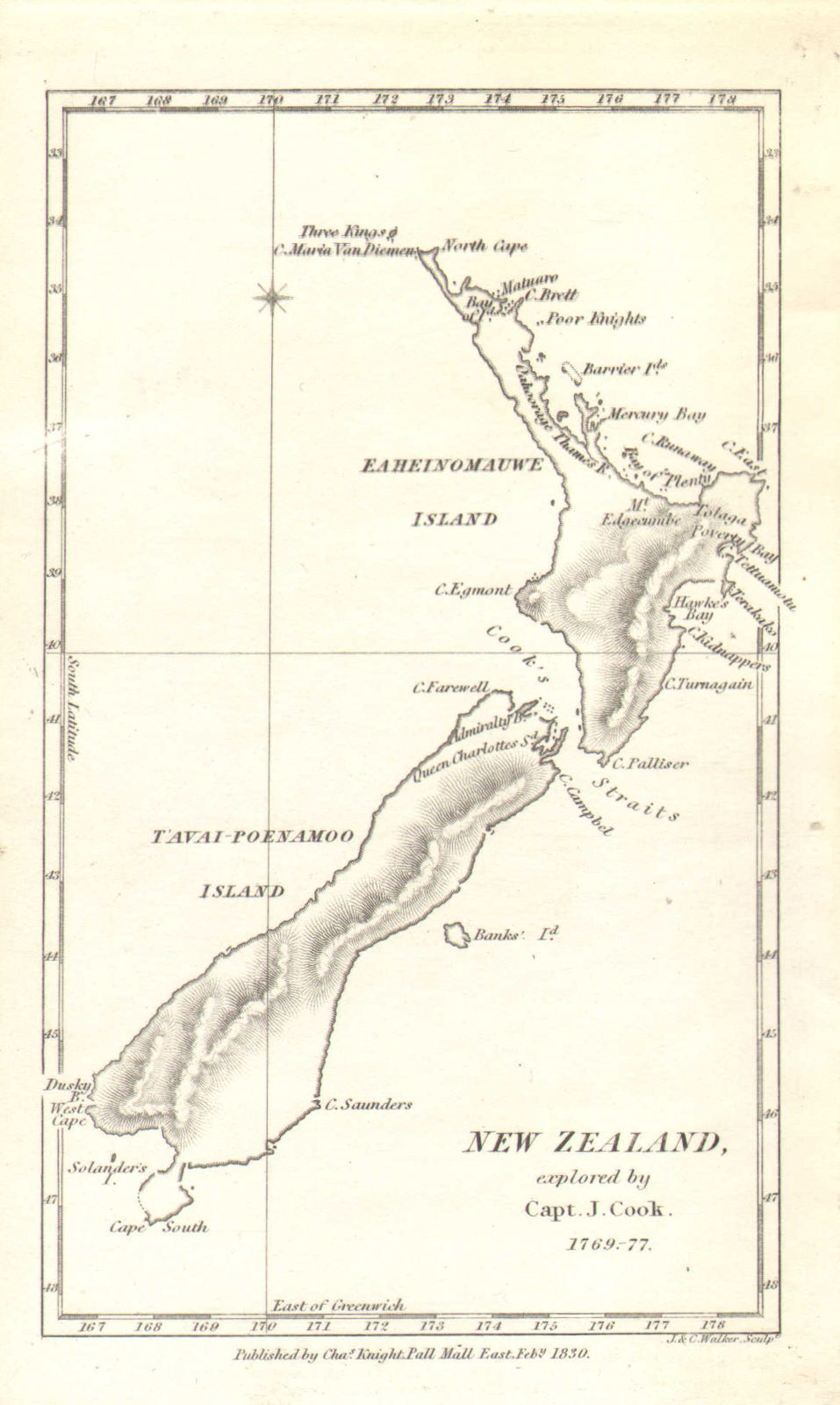 'New Zealand explored by Capt. J. Cook 1769-77'. Small early map. KNIGHT 1830