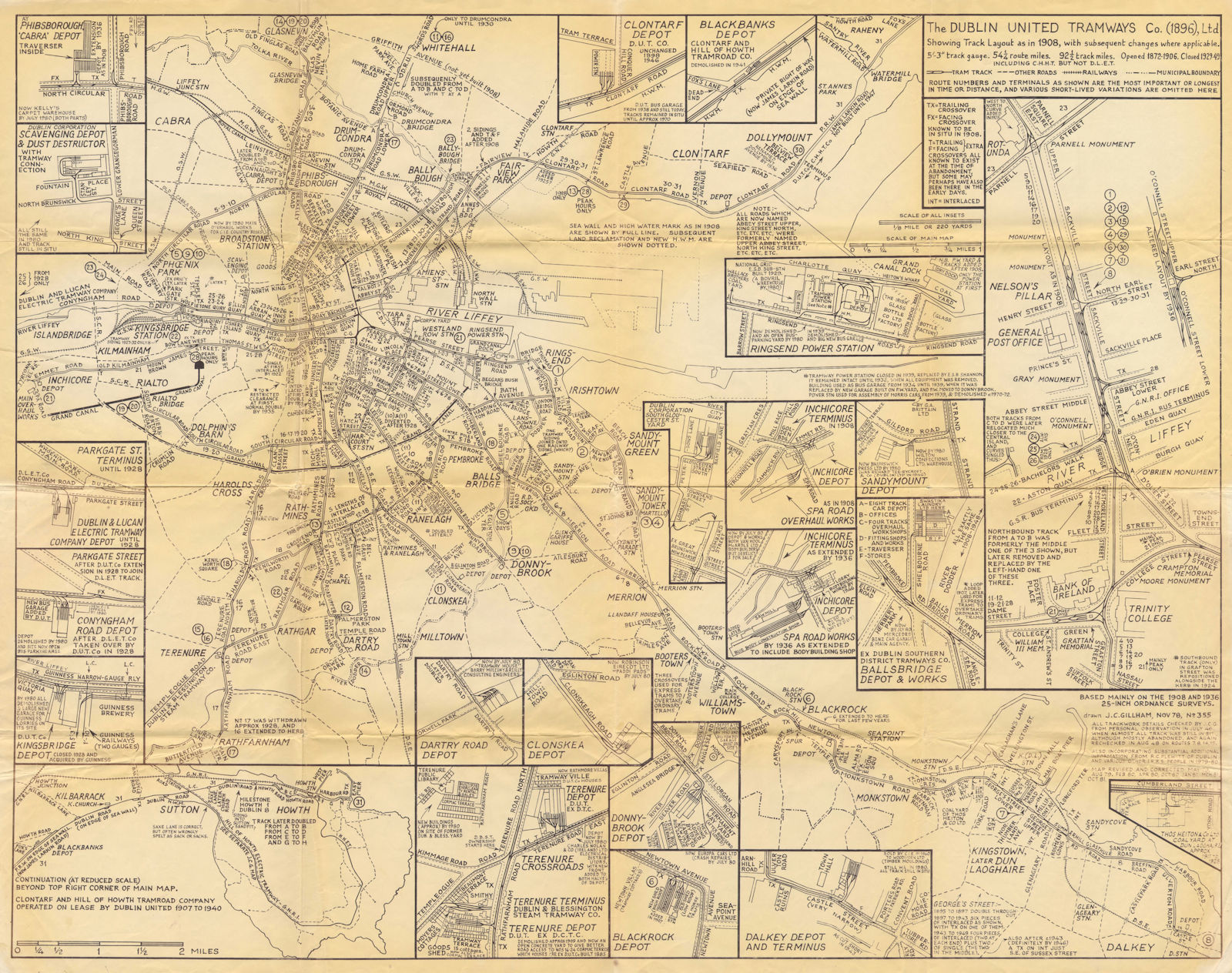 'Dublin United Tramways' track layout in 1908. Railways, roads. GILLHAM 1981 map