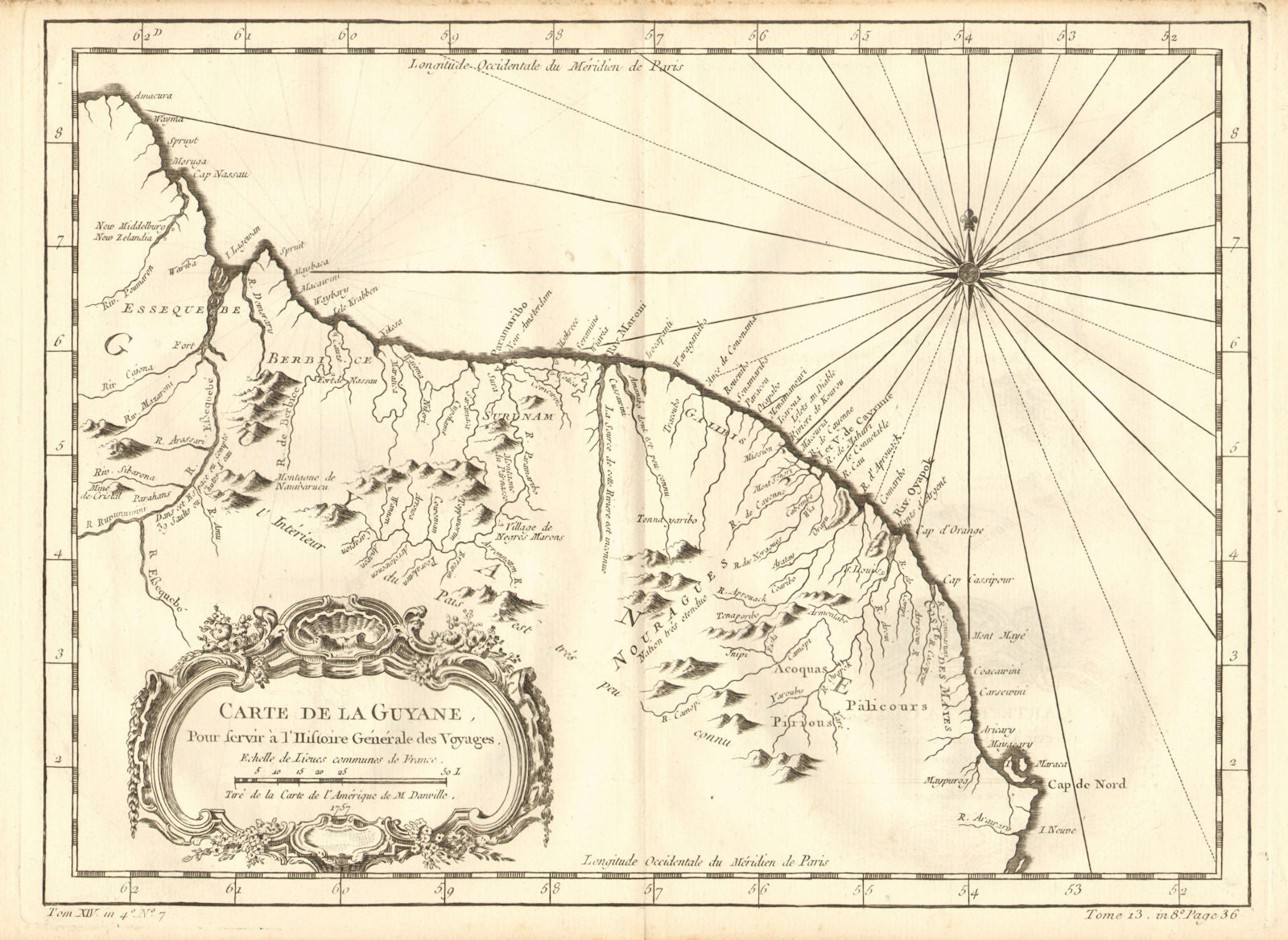 'Carte de la Guyane'. Guyana, Suriname & French Guiana. BELLIN 1758 old map