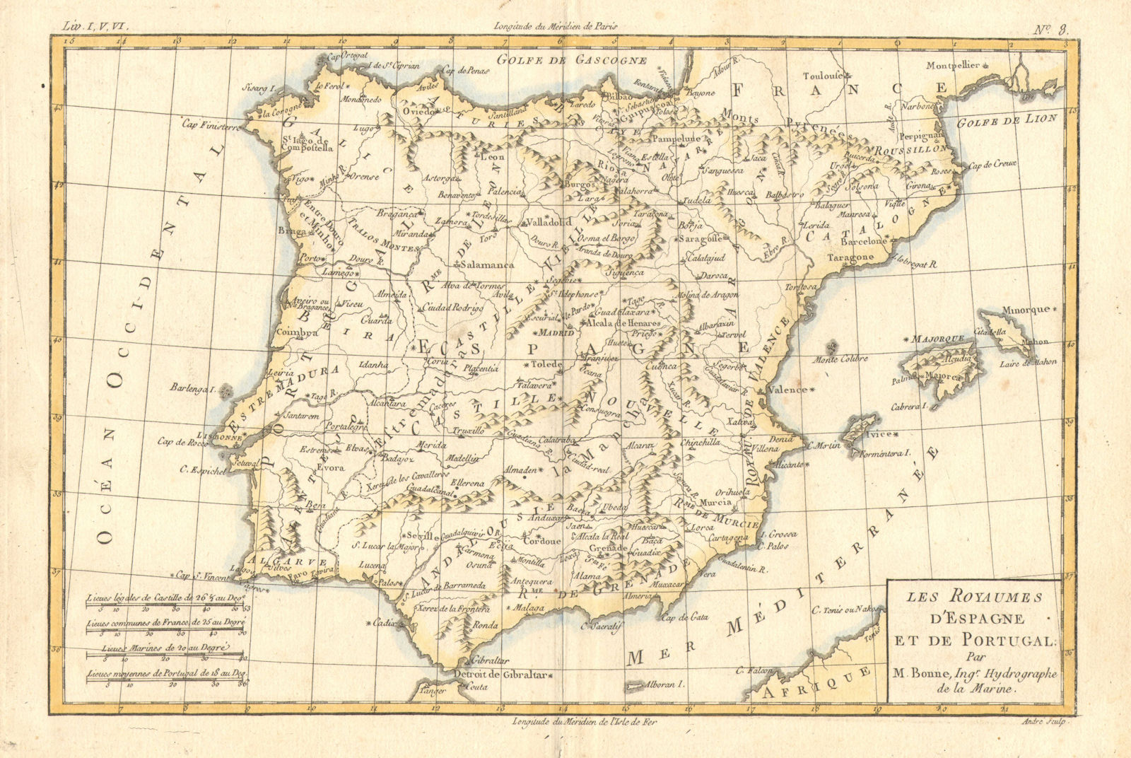 Les Royaumes d'Espagne et de Portugal by Rigobert Bonne. Iberia Spain c1774 map