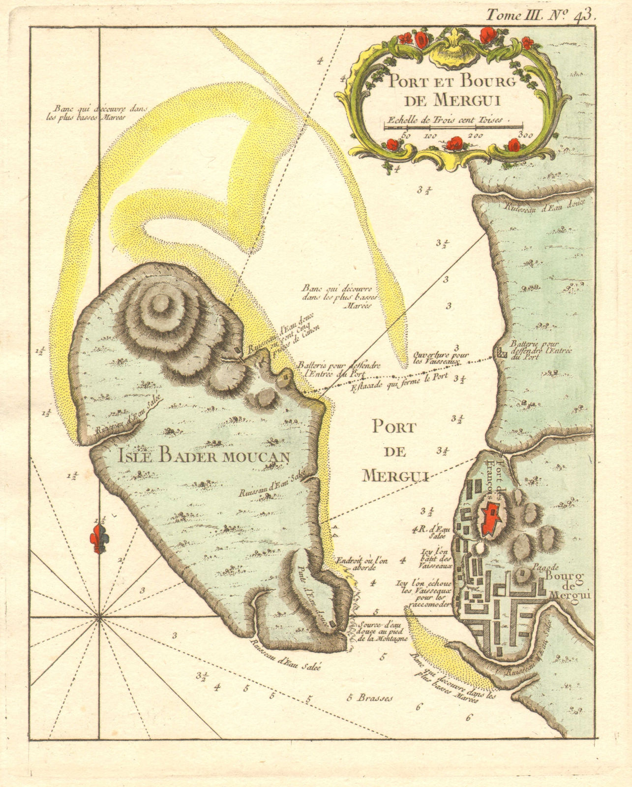 'Port et Bourg de Mergui' by J-N Bellin. Myeik, Myanmar Burma 1764 old map