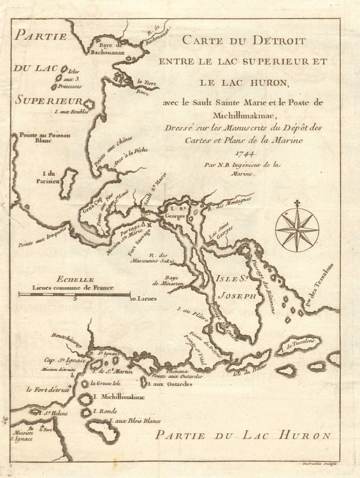 'Carte du detroit entre le Lac Superieur et le Lac Huron'. BELLIN 1744 old map