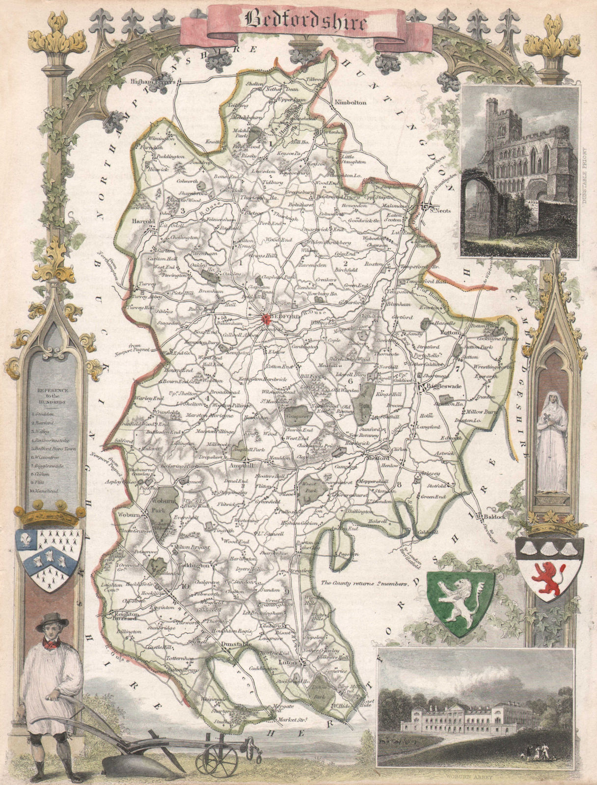 Bedfordshire antique hand-coloured county map by Thomas MOULE c1840 old