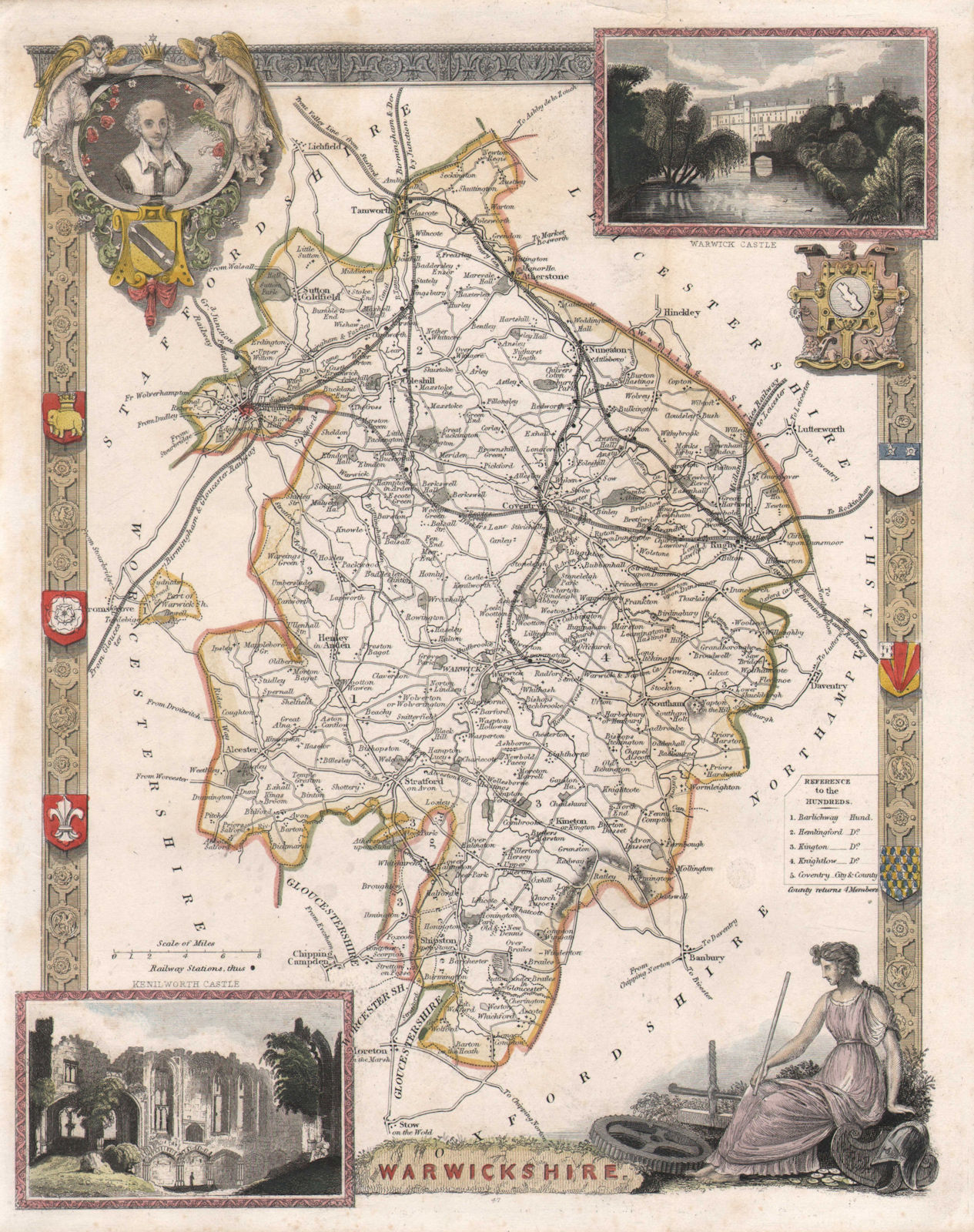 Associate Product Warwickshire antique hand-coloured county map. Railways. MOULE c1840 old
