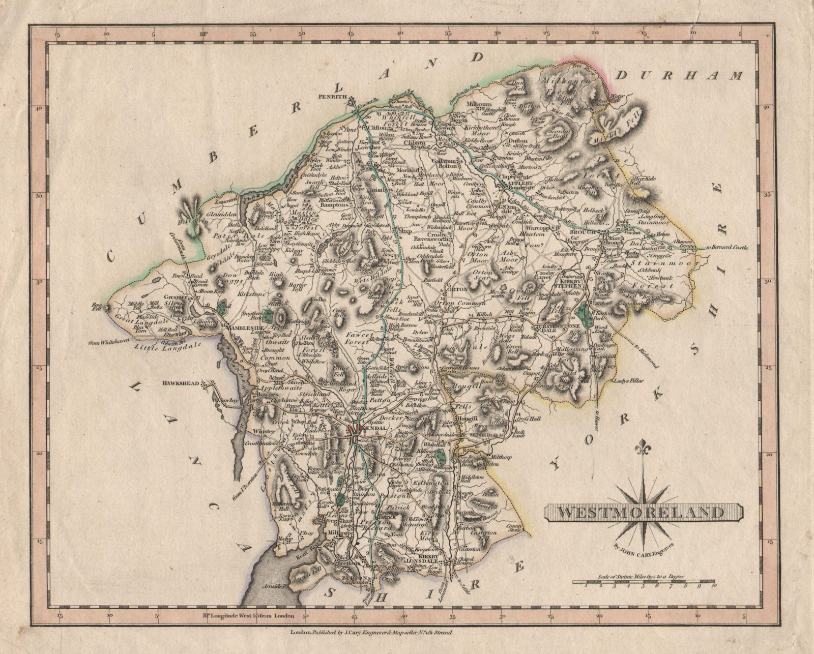 Antique county map of WESTMORELAND by JOHN CARY. Original outline colour c1787