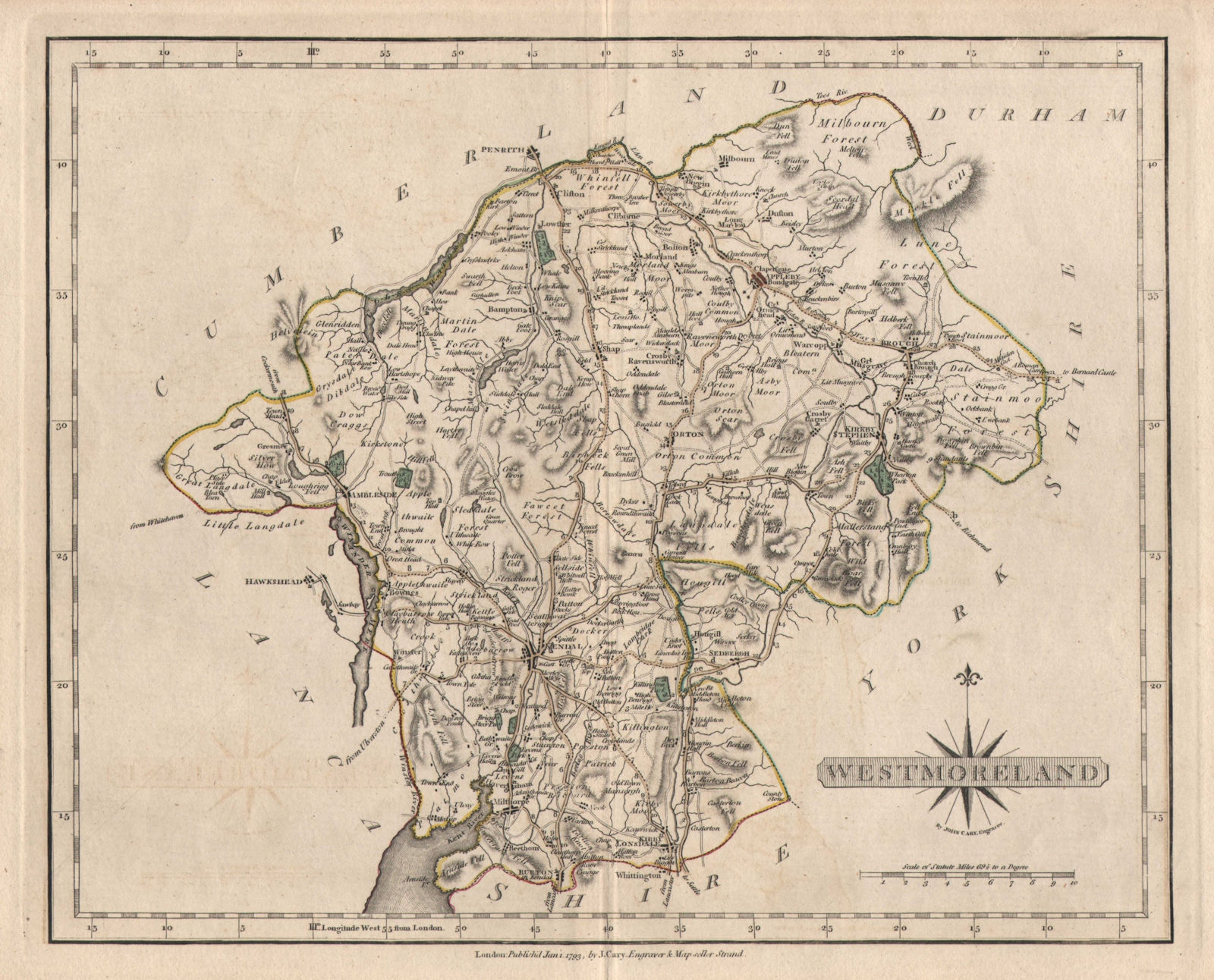 Antique WESTMORELAND / Lake District east map. JOHN CARY. Original colour 1793