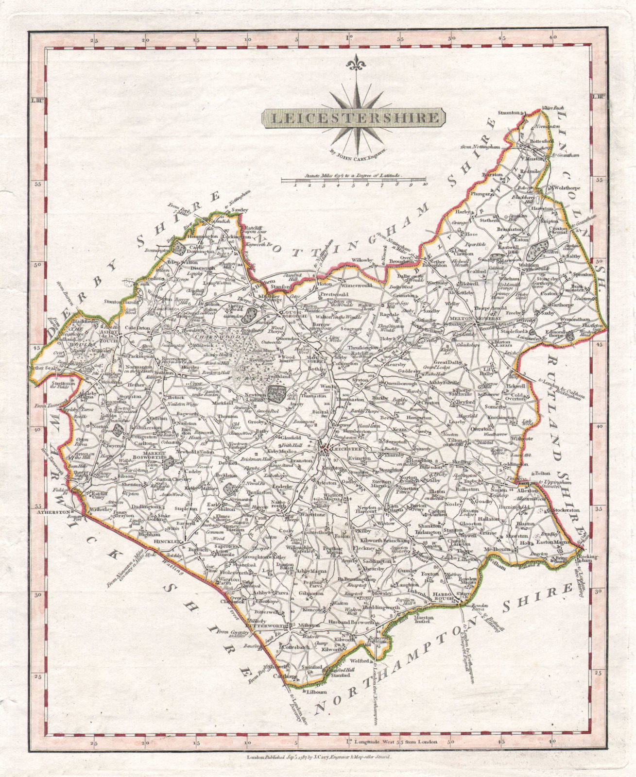 Antique county map of LEICESTERSHIRE by JOHN CARY. Loughborough Hinckley 1787