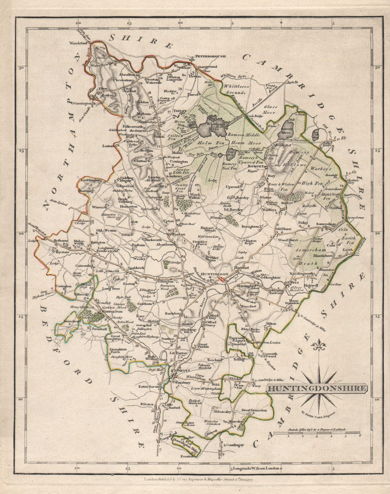 Associate Product Antique county map of HUNTINGDONSHIRE by JOHN CARY. Kimbolton St Neots 1793