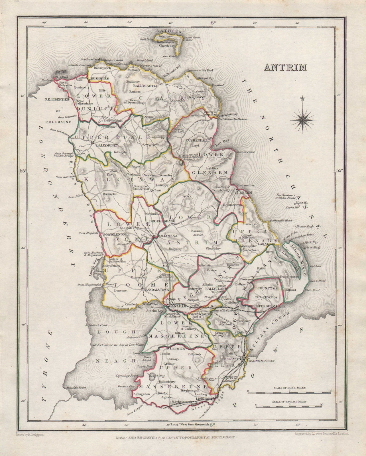 Associate Product COUNTY ANTRIM antique map for LEWIS by CREIGHTON & DOWER. Ulster 1846 old