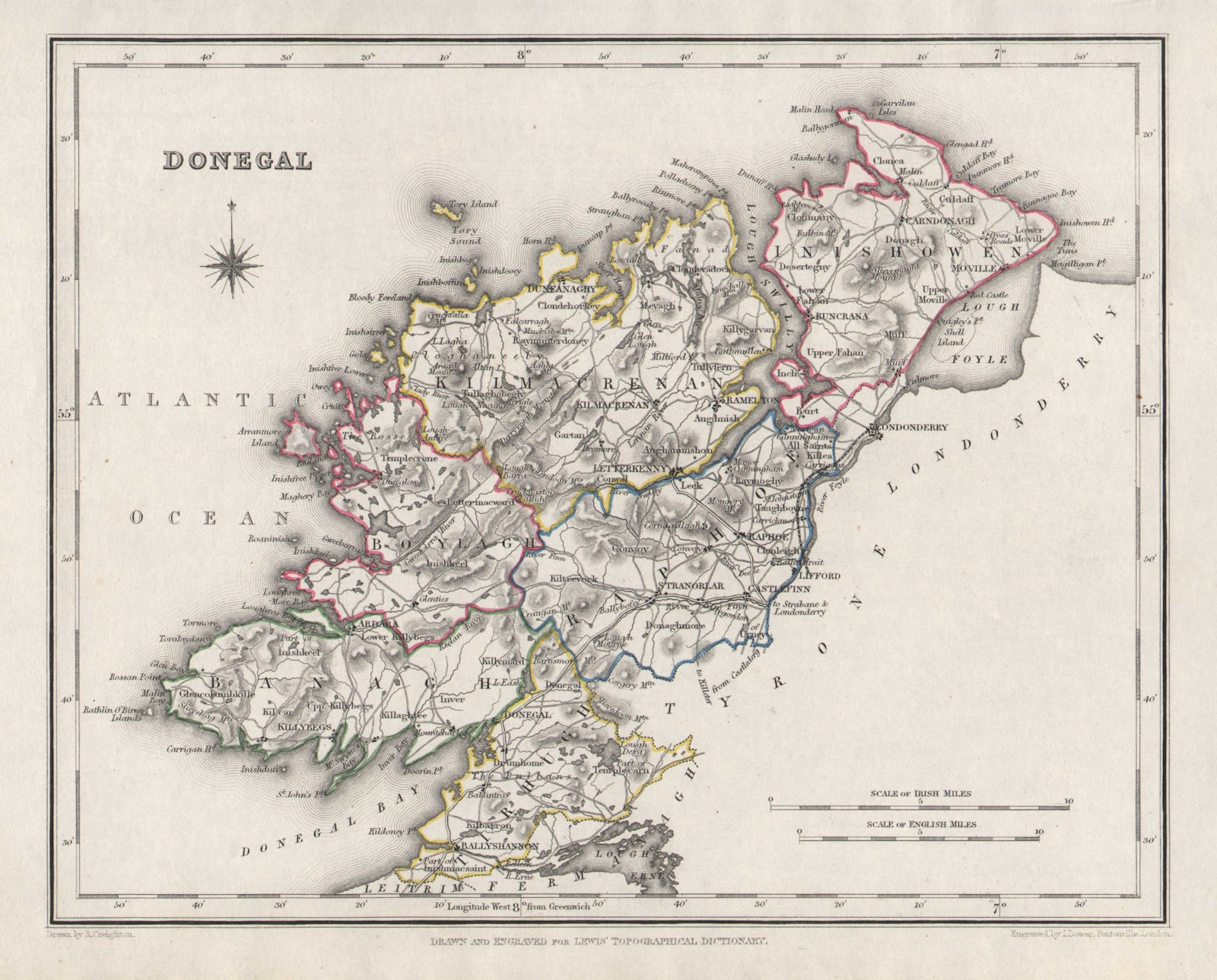 COUNTY DONEGAL antique map for LEWIS by CREIGHTON & DOWER. Ireland 1846
